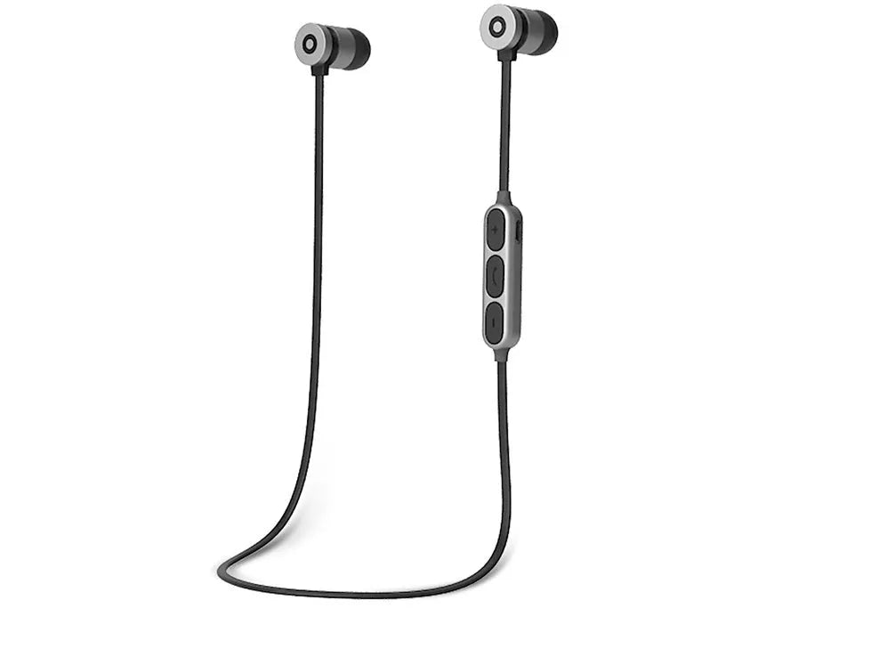 Black metal magnetic sports Bluetooth headset with neck-mounted design and magnetic earpieces.