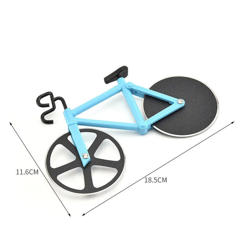 Bicycle-shaped pizza cutter with stainless steel blade and hand-grip handle on a cutting board