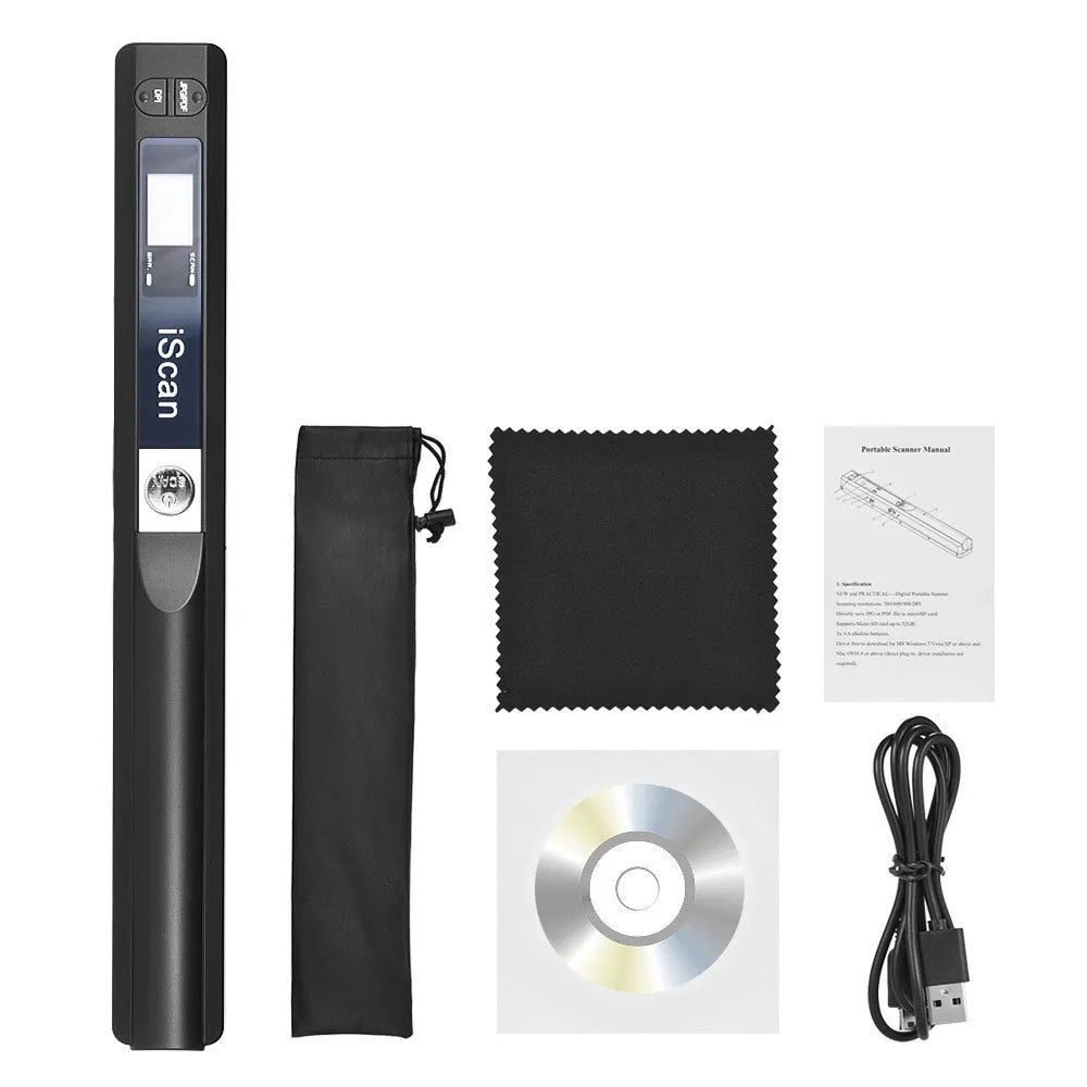 Handheld plastic scanner showing five colour options: black, blue, green, red, and silver