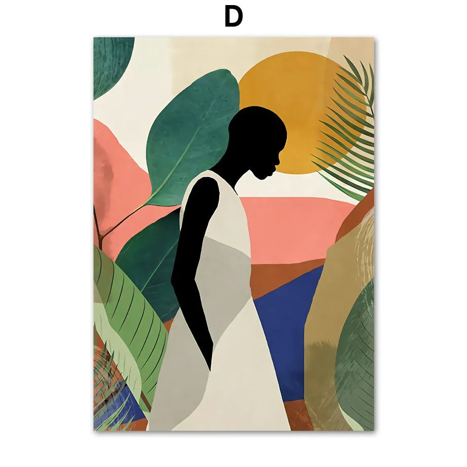 Abstract African women flower leaf mural art canvas painting, spray print, frameless rectangle, multiple sizes available
