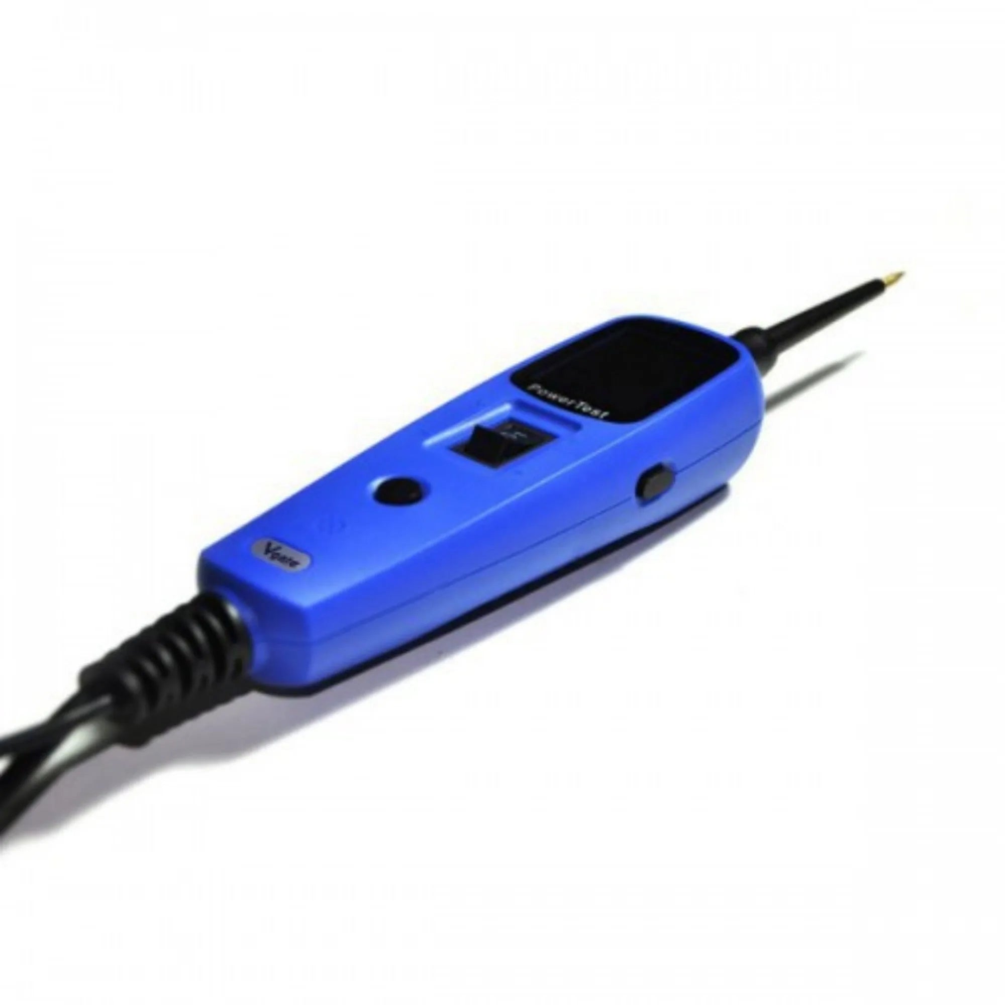 Blue PowerTest PT150 automotive circuit test pen with TFT screen, probe tip, cable, clips, and rugged case.