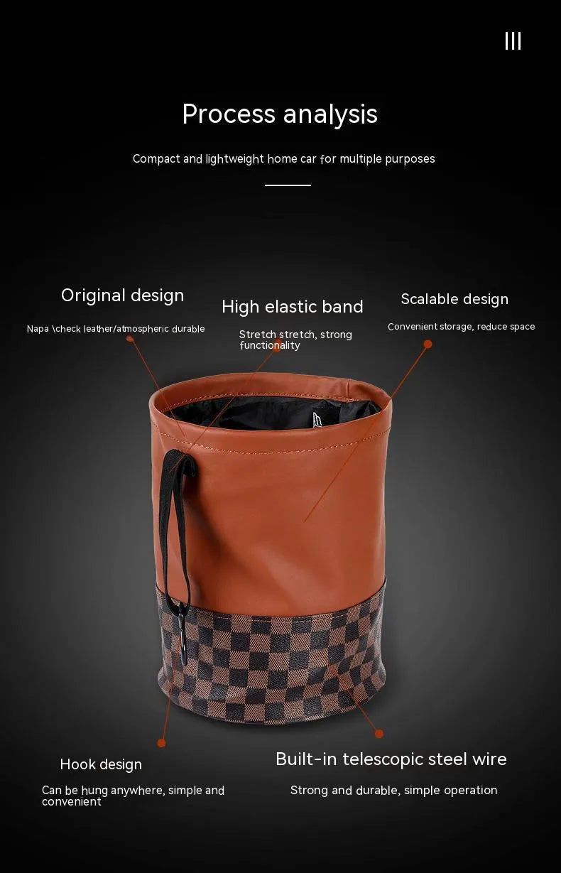 Retractable leather car trash can shown in expanded and collapsed positions