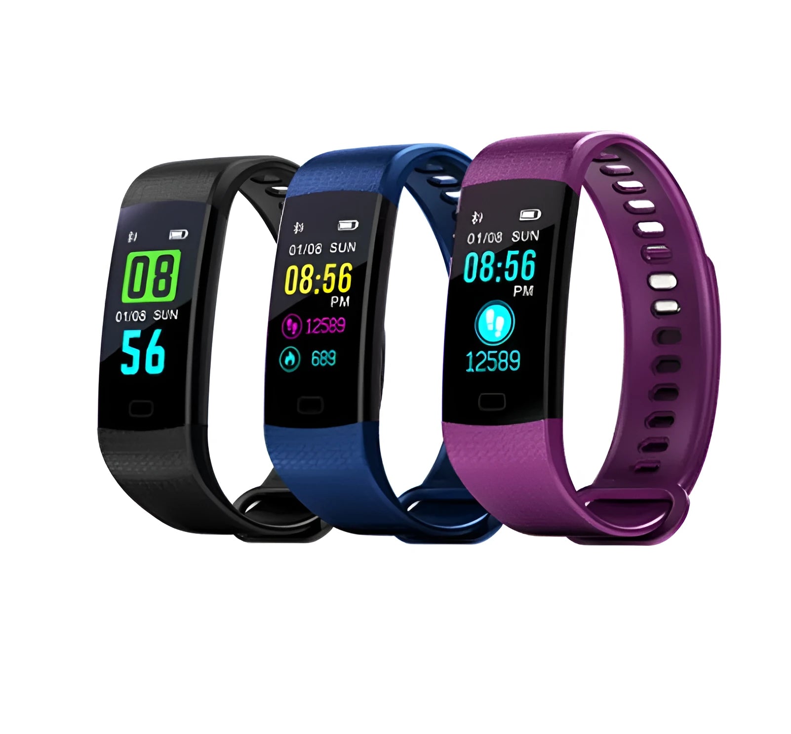 Smart band watch with colour screen and heart rate monitor on wrist, black strap