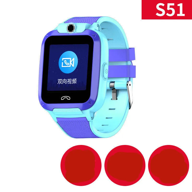 Blue children's smartwatch with a silicone strap and a 1.44-inch touch screen displaying GPS and video call icons.
