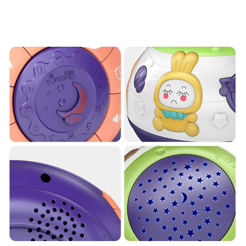 White plastic starry sky night light projector for children with control button on top.