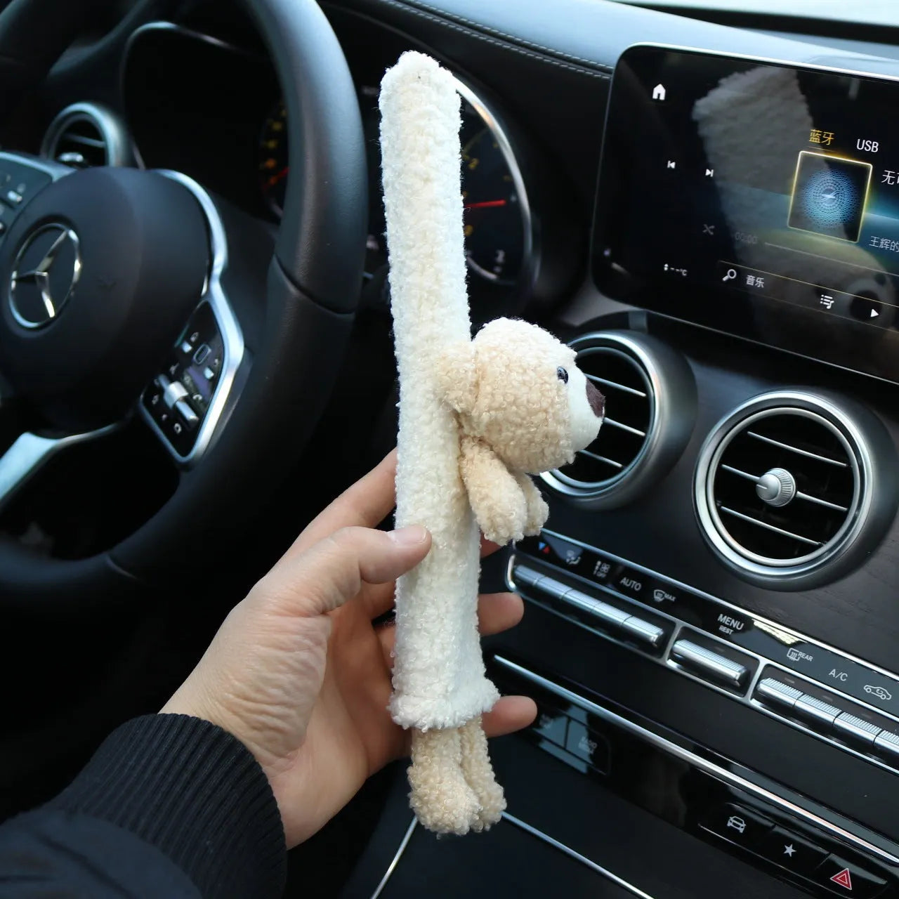 Cartoon plush rabbit and bear design car seat belt shoulder protector made from soft lamb wool.