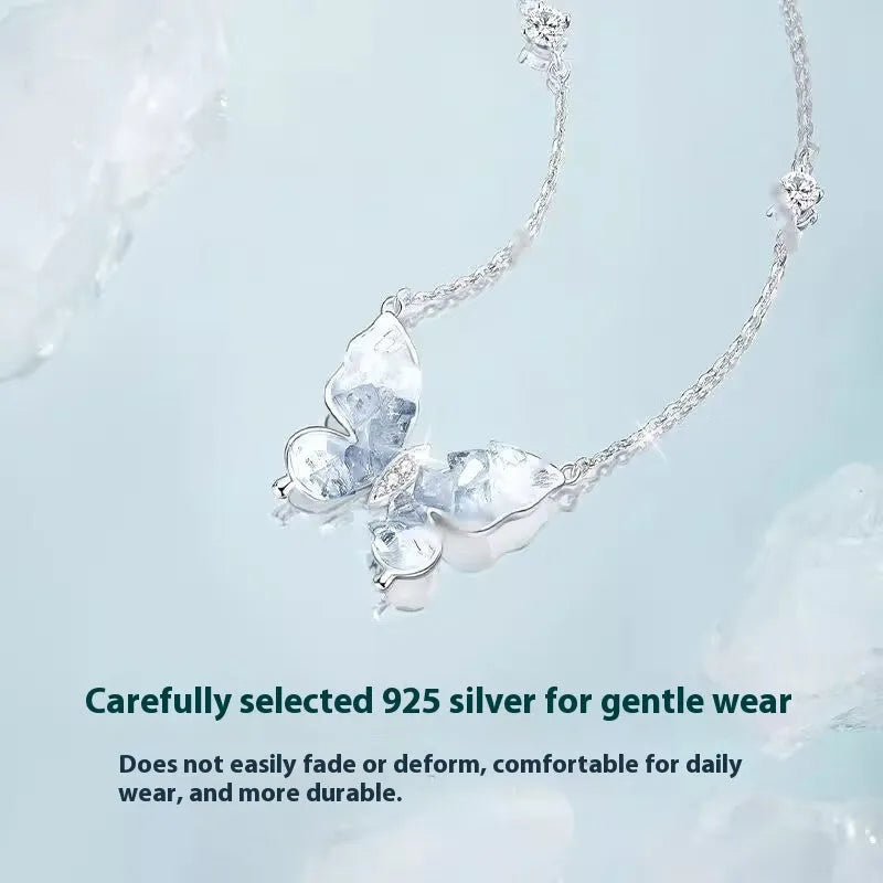 Bingyu Butterfly necklace in S925 silver with adjustable O-ring chain and detailed ice rain pendant.