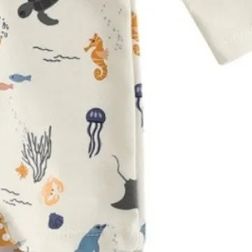 Boys one-piece long sleeves swimsuit in light blue with matching hat, cartoon pattern, sizes 70 to 120 cm