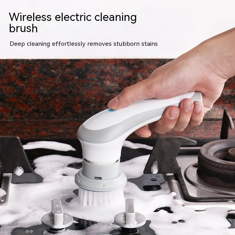 Cordless electric cleaning brush with multiple brush heads in white gray or purple options
