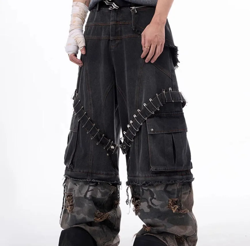 Men's grey camouflage pattern jeans with splicing structure and ribbon detailing