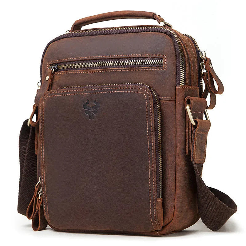 Men's brown crazy horse leather crossbody bag with single shoulder strap and sewing line details
