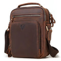 Men's brown crazy horse leather crossbody bag with single shoulder strap and sewing line details