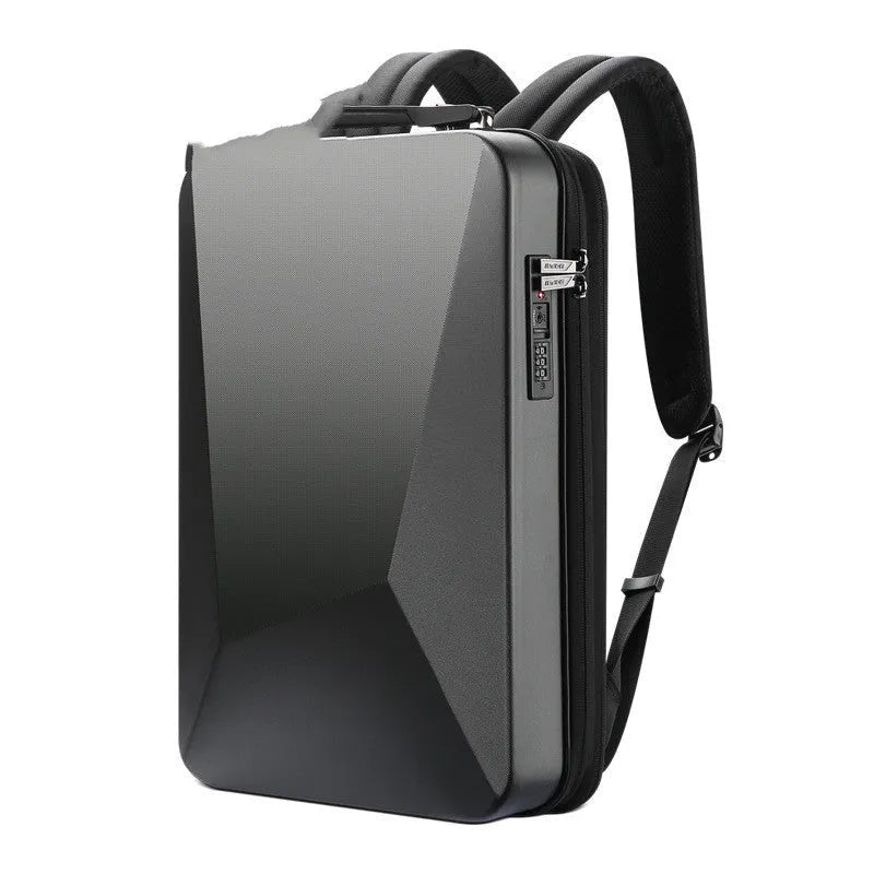 Men's hard-shell black PC gaming backpack with organised internal pockets and double shoulder straps.