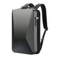 Men's hard-shell black PC gaming backpack with organised internal pockets and double shoulder straps.
