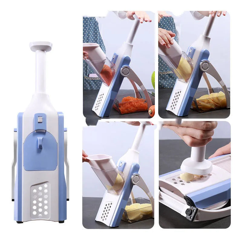 White and blue multifunctional vegetable slicer with stainless steel blades on a kitchen counter