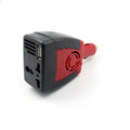 Black and red 150W car power inverter converting 12V DC to 110V/220V AC with USB port