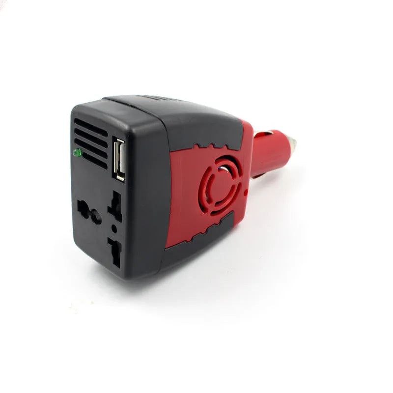 Black and red 150W car power inverter converting 12V DC to 110V/220V AC with USB port