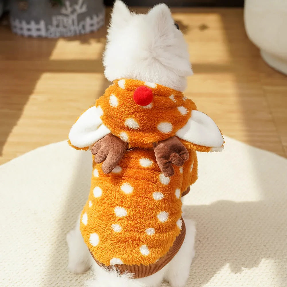 Elk Christmas dog costume with fleece lining on small white dog showing two-leg design and festive pattern