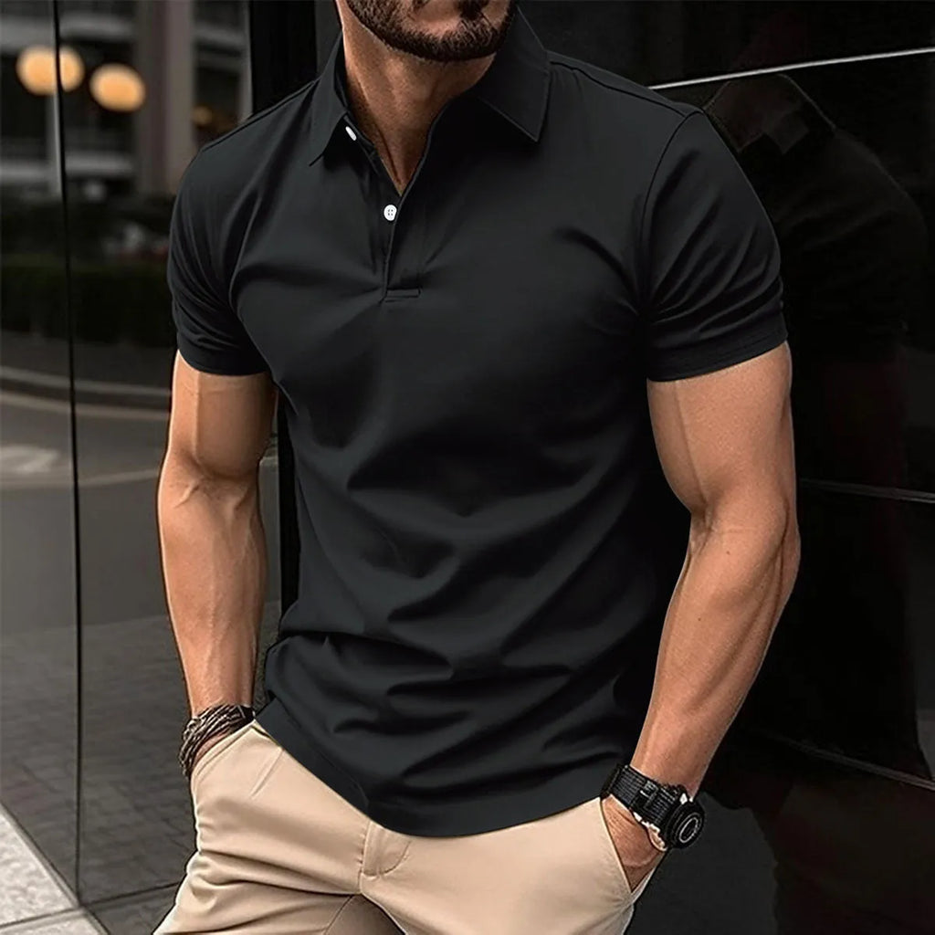 Men's solid colour short sleeve polo shirt with a button lapel collar on a hanger.