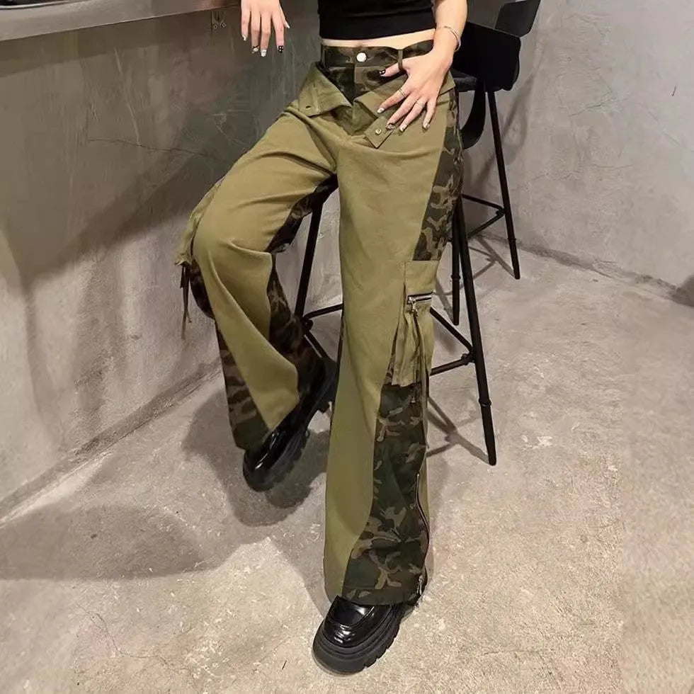 Women's dark khaki leopard print jeans with retro tooling style stitching and straight leg cut