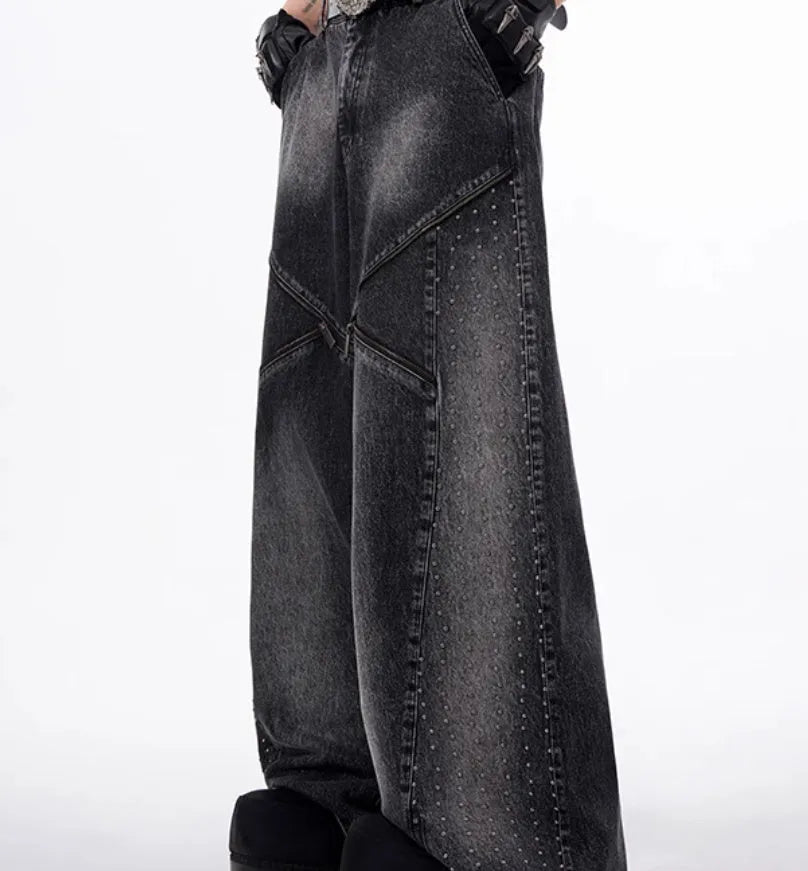 Korean style washed denim wide leg pants with matching waistcoat in black and grey colour