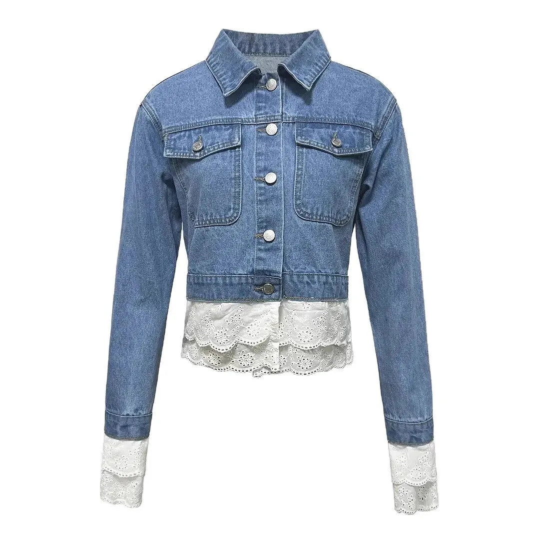 Blue denim jacket for women with lace stitching detail on the front, long sleeves.