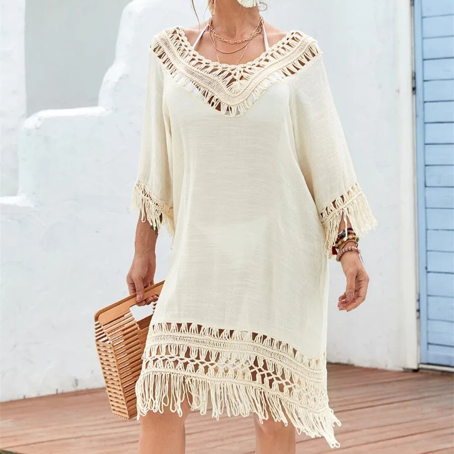 Apricot-coloured women's crocheted knitted patchwork midi dress with half sleeves.