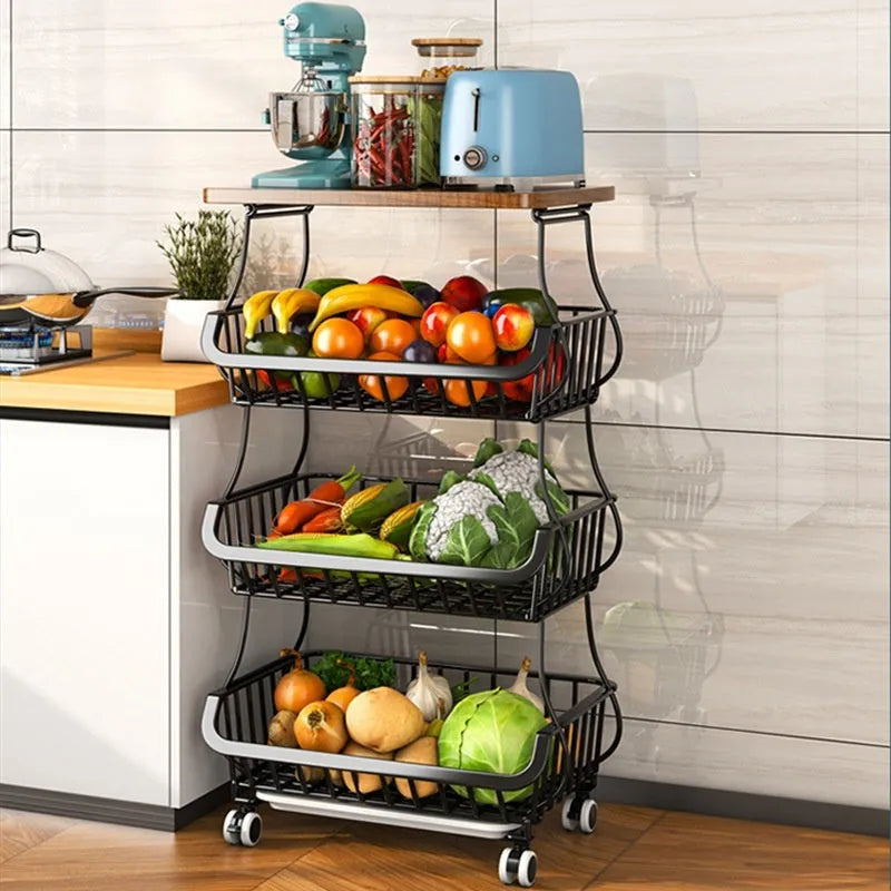 Black six-layer foldable kitchen trolley storage unit with carbon steel frame