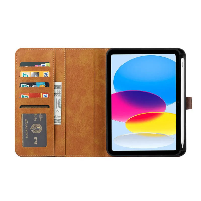 Classic kneading imitation leather iPad flip protective cover in black, open and closed.