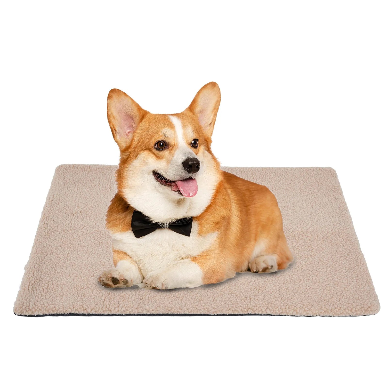 Grey self-heating pet pad for cats on floor next to measuring tape showing 95cm length