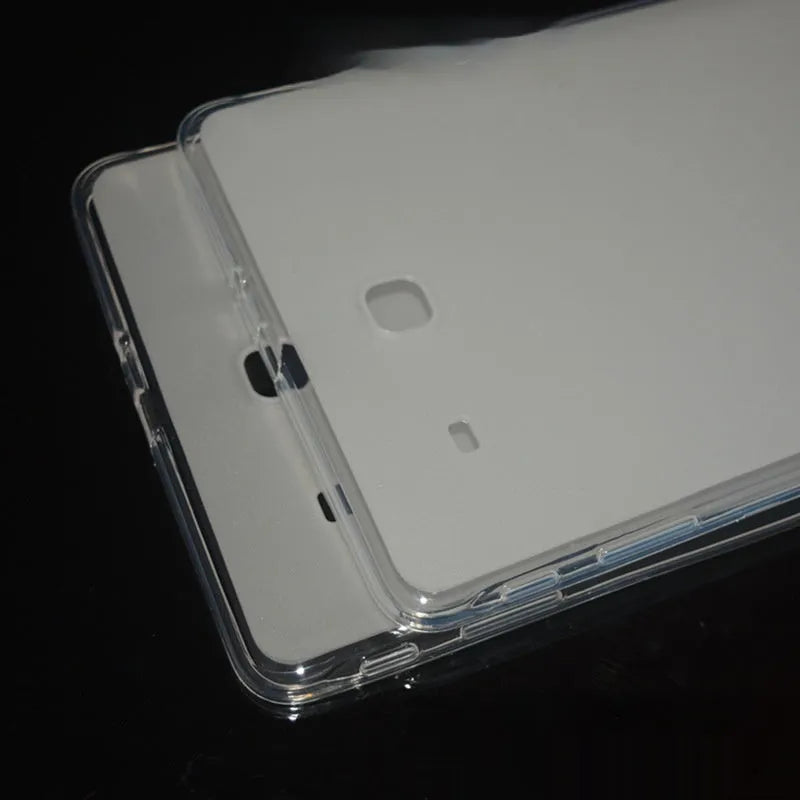 Clear silicone tablet case showing ultra-thin profile and transparent design
