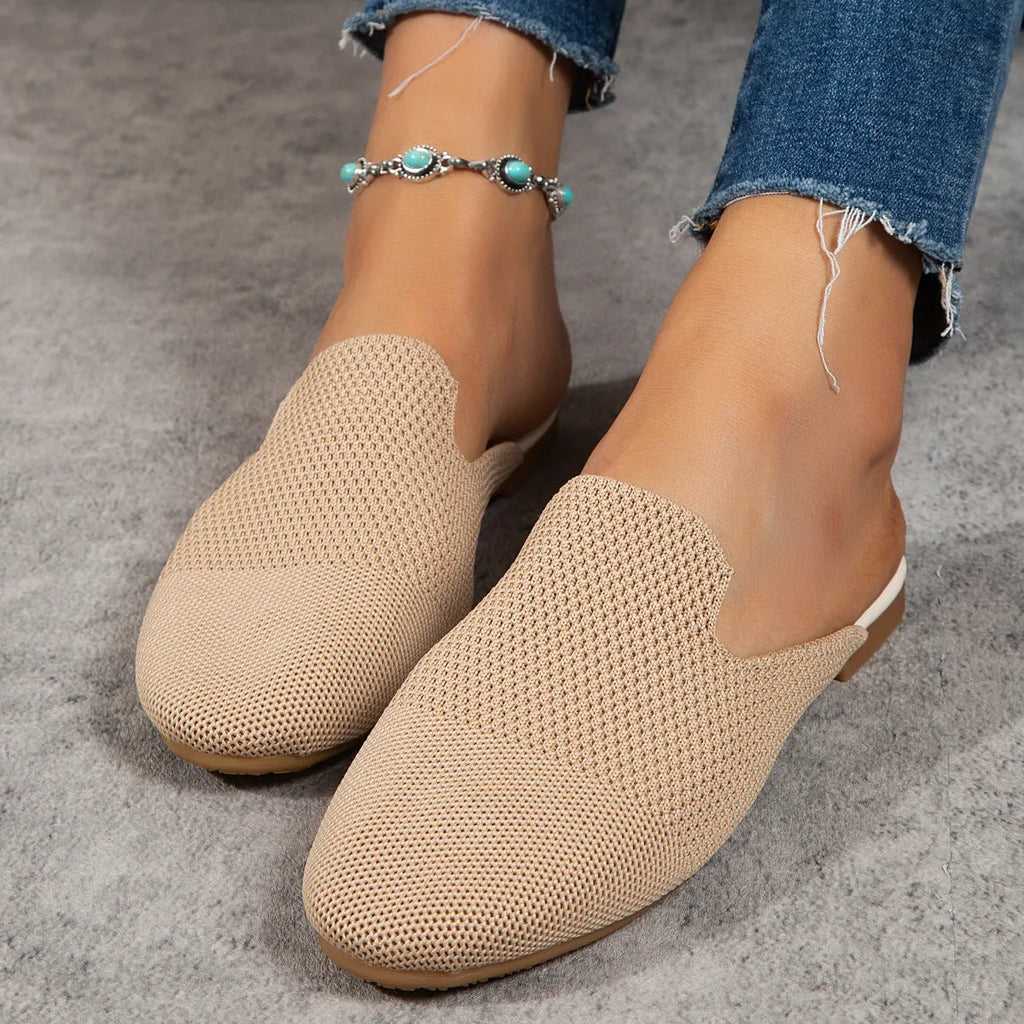 Adult mesh slip-on sandals in apricot, flat round toe with cloth upper and rubber sole