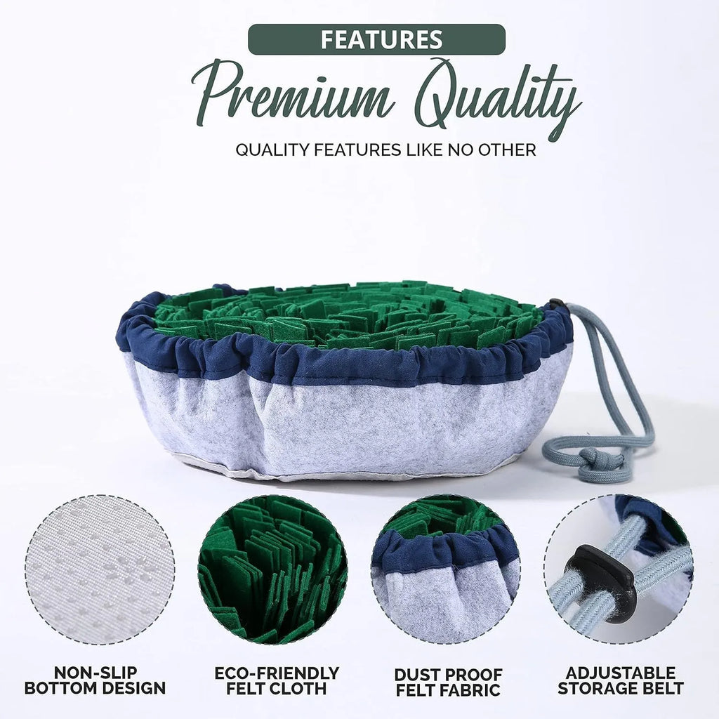 Blue adjustable snuffle mat for dogs used as a puzzle feeding toy for large and small breeds.