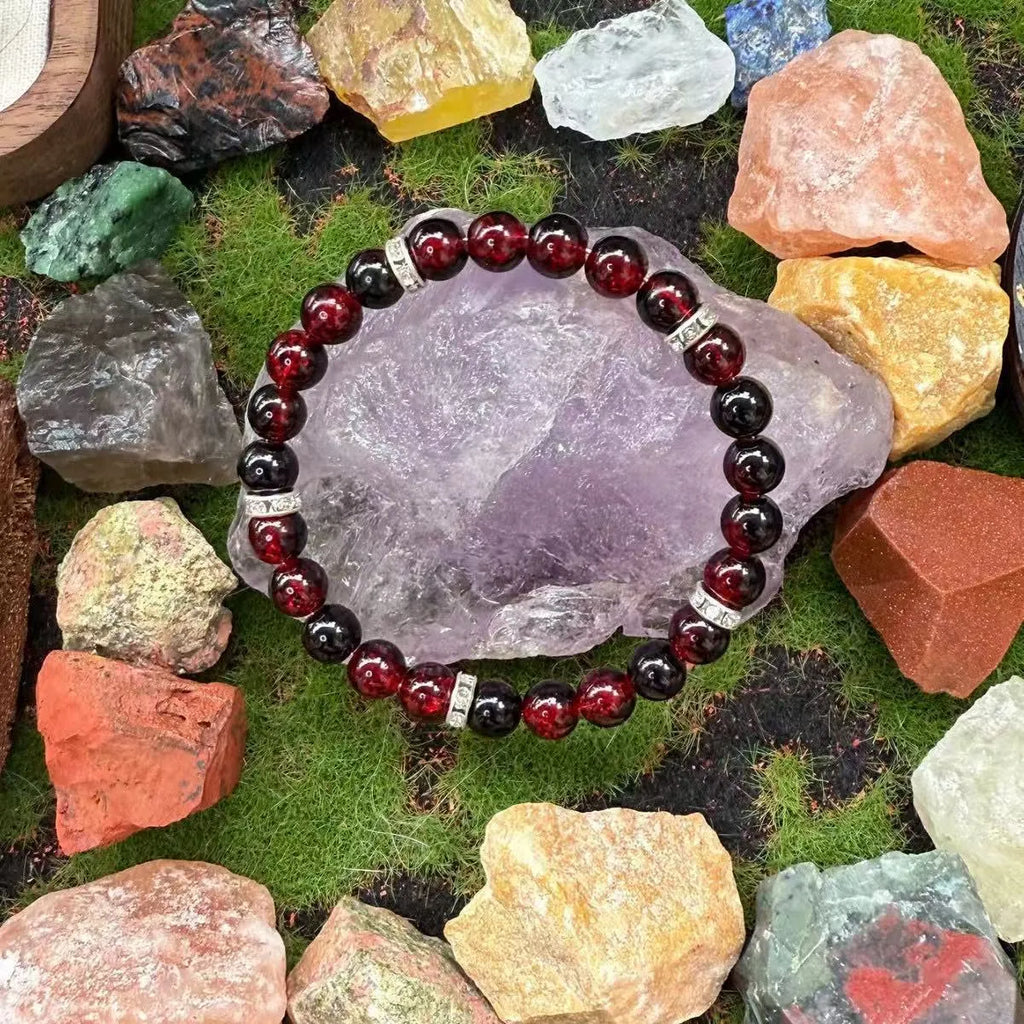 Red artificial crystal beaded handmade elastic bracelet with 8mm beads and 18cm length