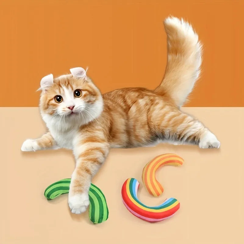 Striped pattern cat pillow toy with noise maker and catnip measuring 23x20cm