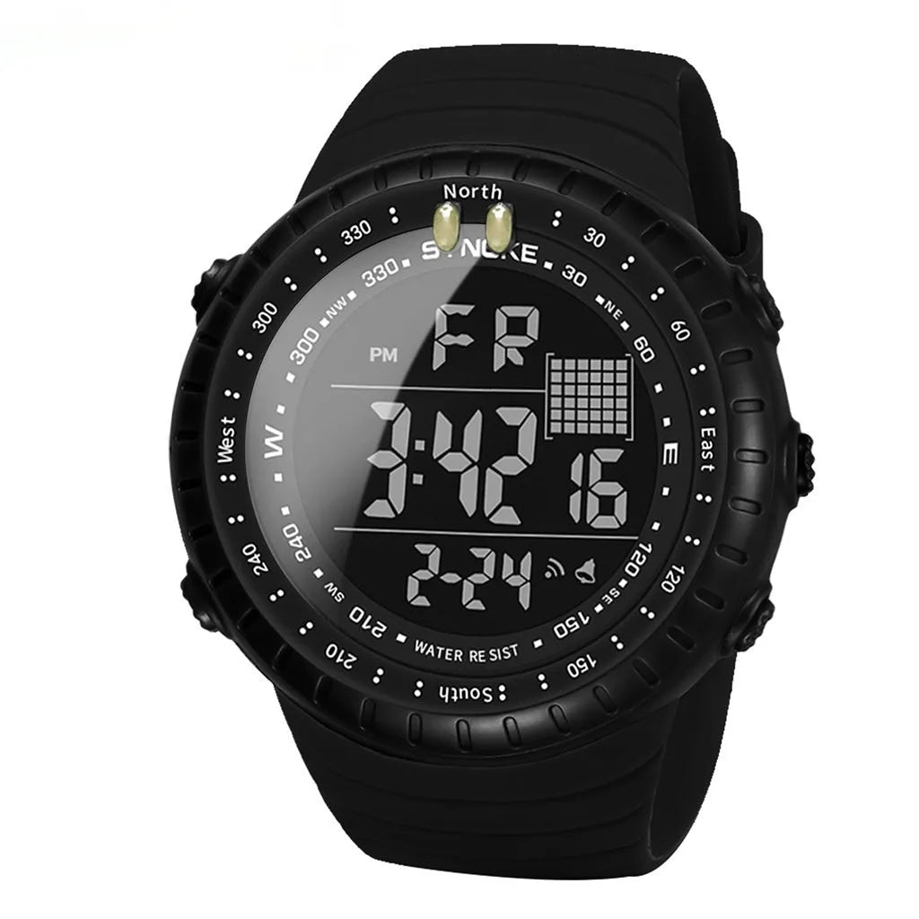 Black men's waterproof outdoor watch with a large round dial and a long PU strap.