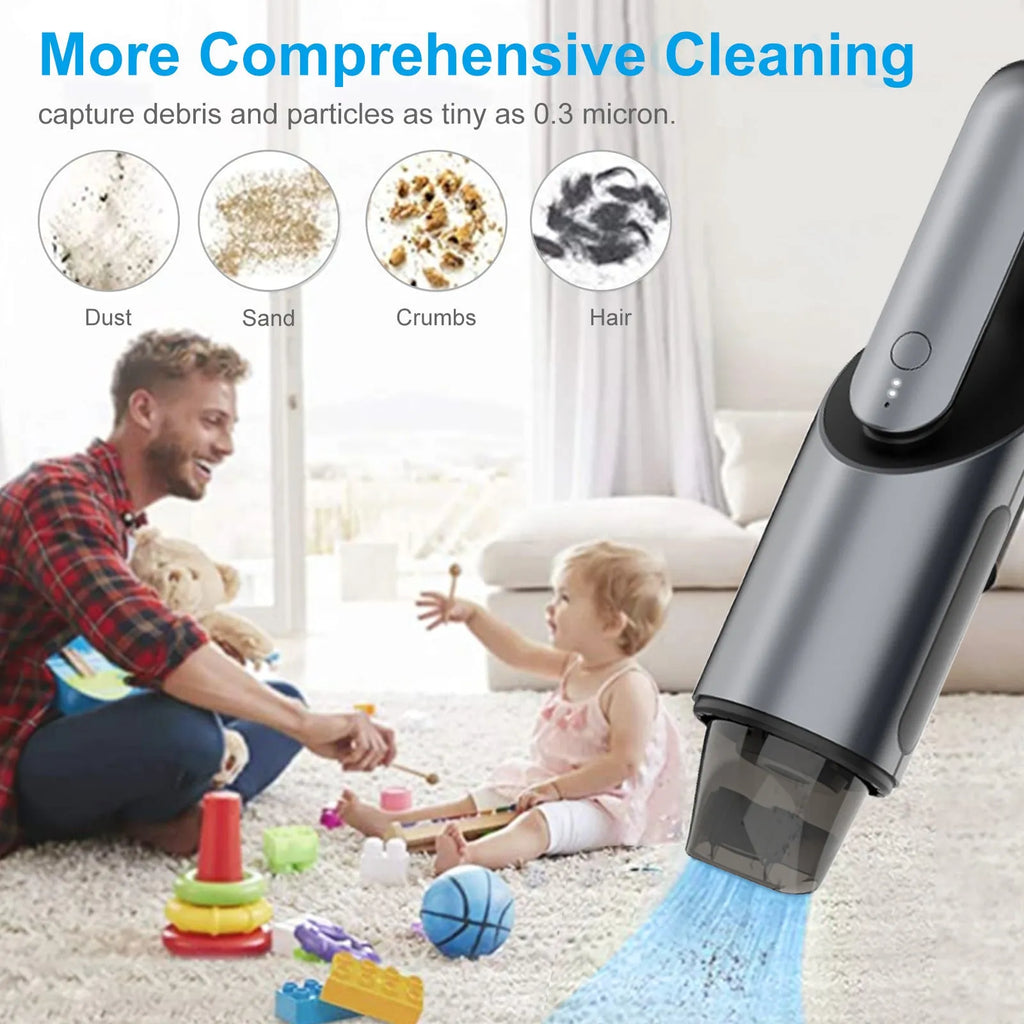 Black portable cordless handheld car vacuum cleaner with brush and flat attachments on a car seat.