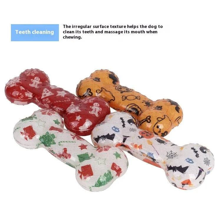 Bone-shaped dog squeaker toy in seasonal colours with TPR material construction
