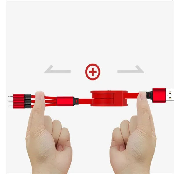 Black telescopic 3-in-1 charging cable extended to 1.2m with multiple connector types.