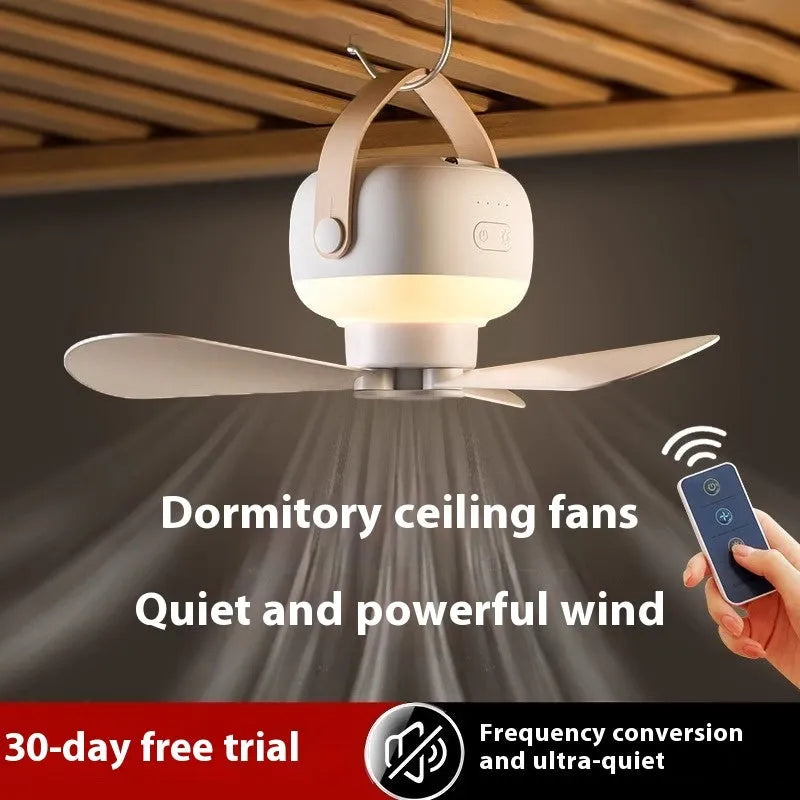 Small rechargeable ceiling fan with remote control for camping tents showing Type-C charging port and mounting strap