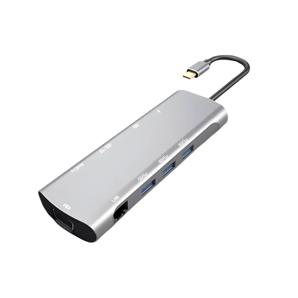 Grey aluminium USB-C docking station with HDMI, VGA, and USB ports.