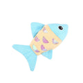 Blue, orange and pink fish-shaped cat toys with plush exterior and crinkle paper elements