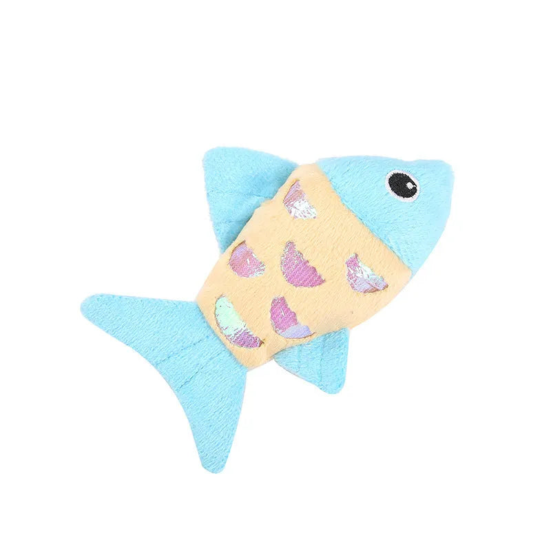 Blue, orange and pink fish-shaped cat toys with plush exterior and crinkle paper elements