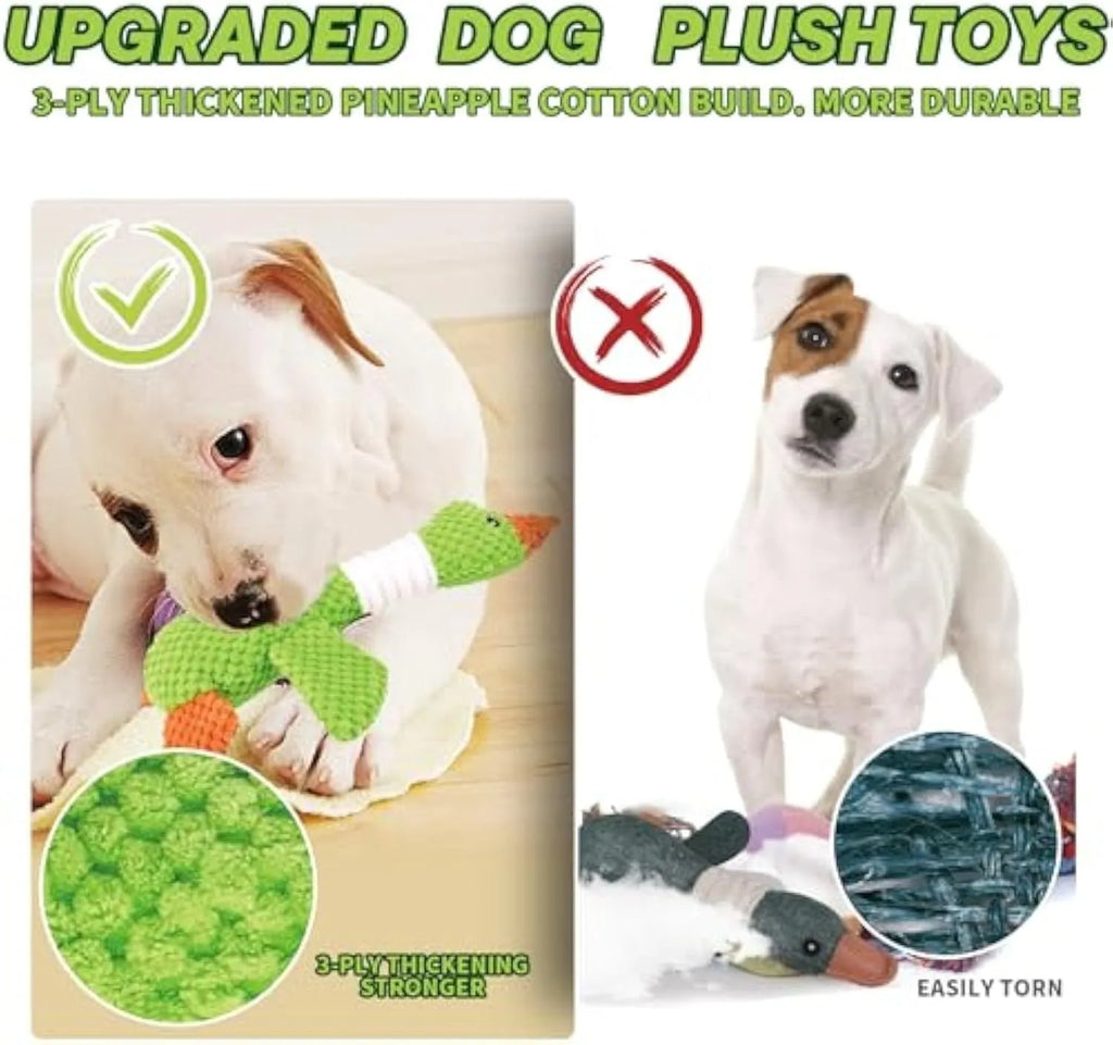 Blue duck plush dog toy with squeakers for large breed dogs on white background
