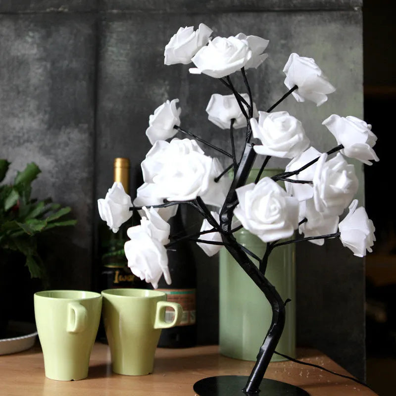 White and red PE cotton rose flower LED table lamp with bonsai tree base, powered by battery or USB.