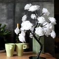White and red PE cotton rose flower LED table lamp with bonsai tree base, powered by battery or USB.