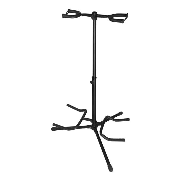 Black vertical double-headed adjustable guitar wall mount stand holding two guitars