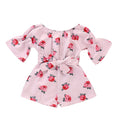 Pink floral cotton blend toddler romper with short sleeves on white background