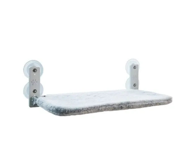 Cordless cat window perch on glass with stainless steel frame and gray plush fabric hammock