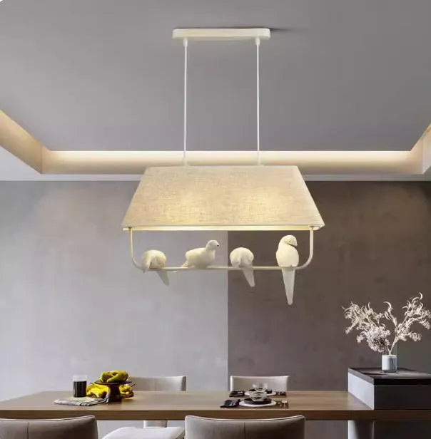 Bird theme chandelier ceiling lamp with fabric shade and iron frame